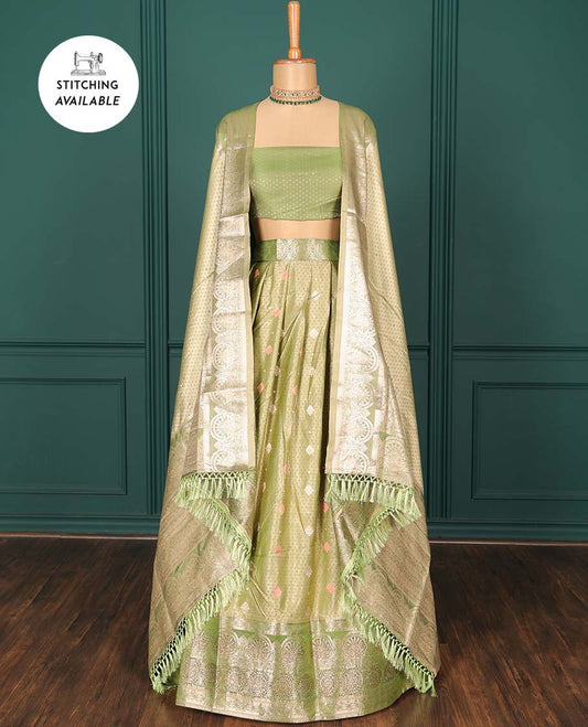 Green zari buttas art silk half saree, traditional patterned border, zari design blouse & intricate dupatta 
