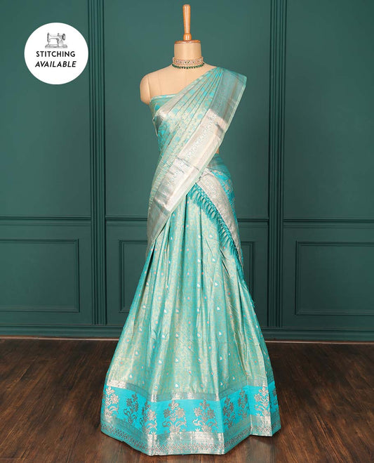 Blue zari buttas art silk half saree, traditional patterned border, zari design blouse & intricate dupatta