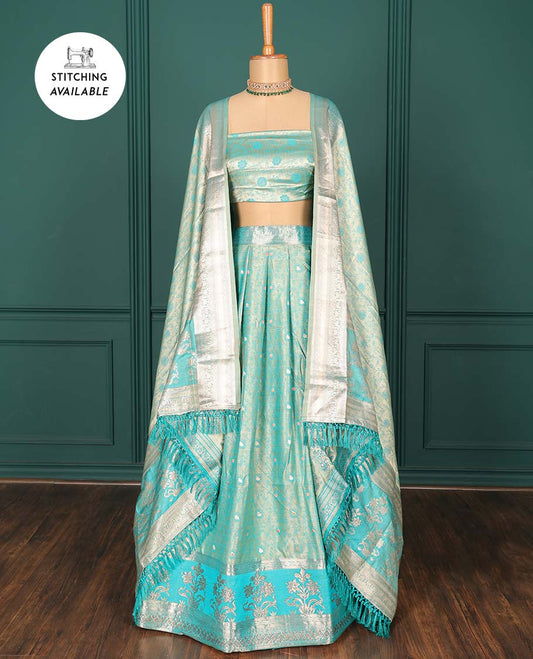 Blue zari buttas art silk half saree, traditional patterned border, zari design blouse & intricate dupatta