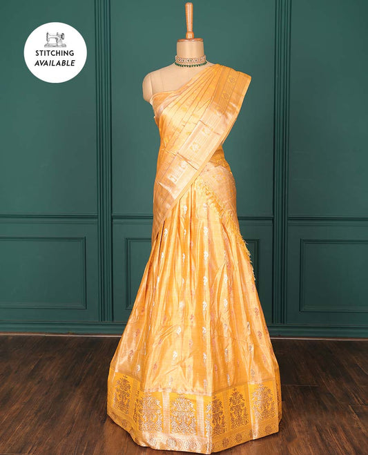 Orange zari buttas art silk half saree, intricately patterned border, zari design blouse & intricate dupatta