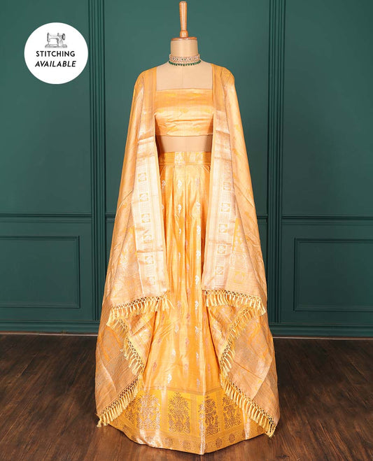 Orange zari buttas art silk half saree, intricately patterned border, zari design blouse & intricate dupatta