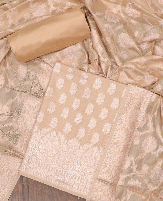 Sandal chudidhar material set, jacquard banaras top, plain bottom & floral jaal jacquard dupatta