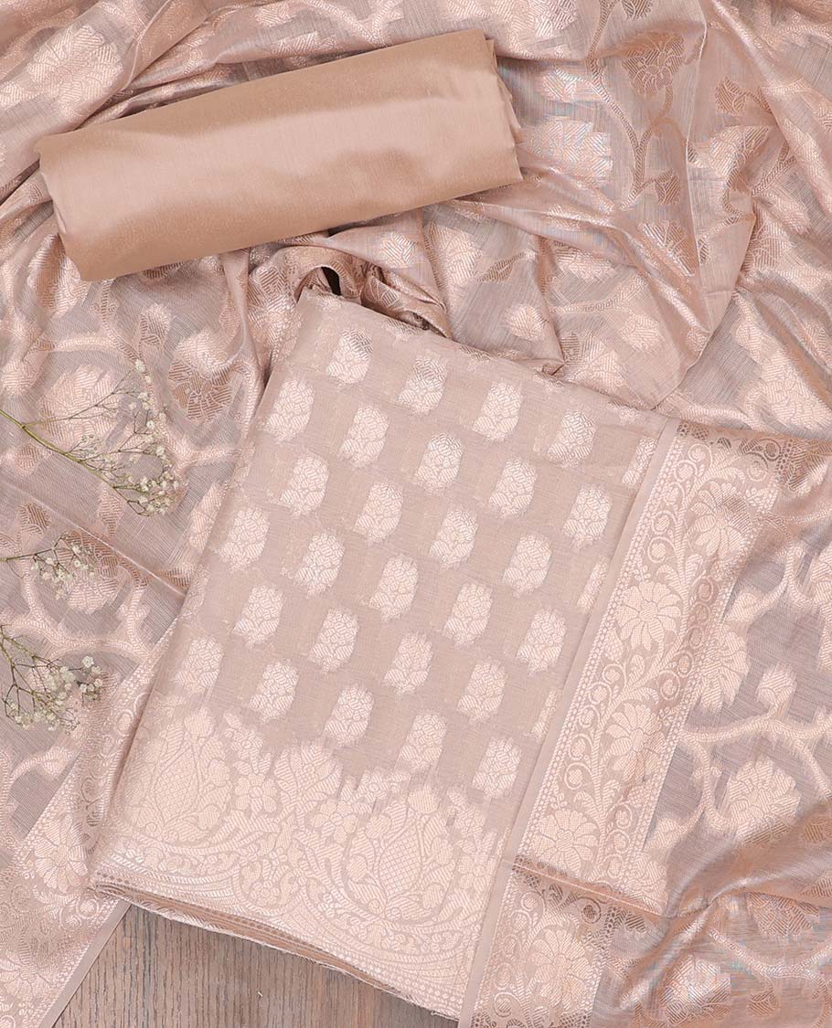 Sandal chudidhar material set, jacquard banaras top, plain bottom & floral jaal jacquard dupatta