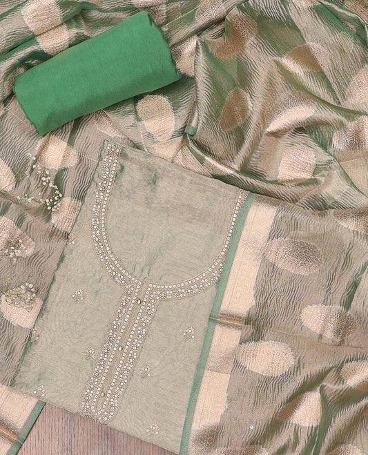 Green chudidhar material set, embroidered top, contrast plain bottom & zari buttas dupatta