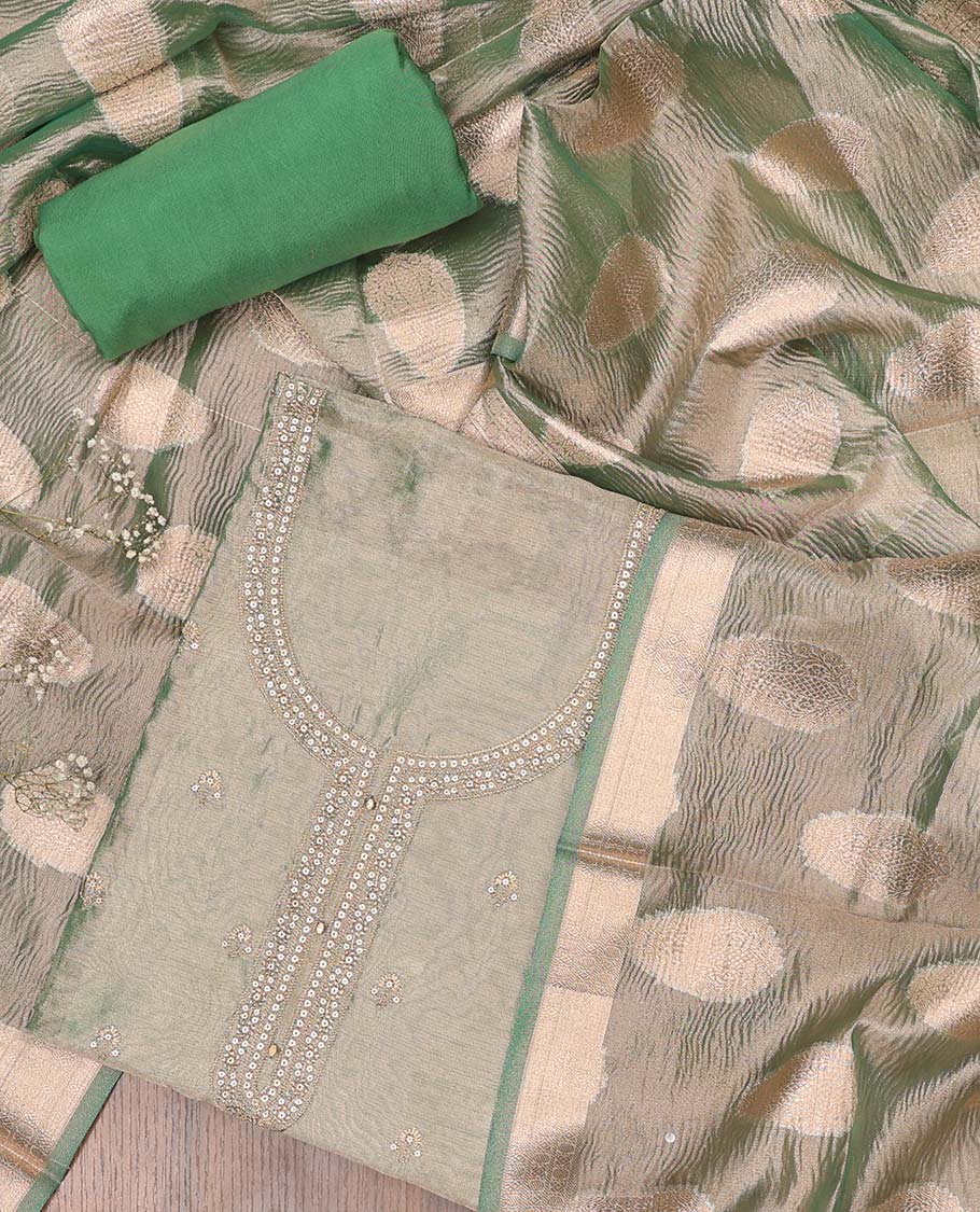 Green chudidhar material set, embroidered top, contrast plain bottom & zari buttas dupatta