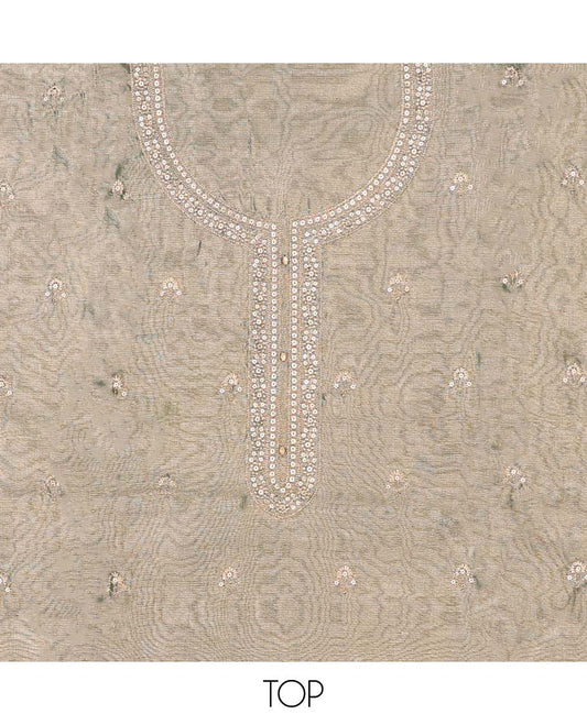 Green chudidhar material set, embroidered top, contrast plain bottom & zari buttas dupatta