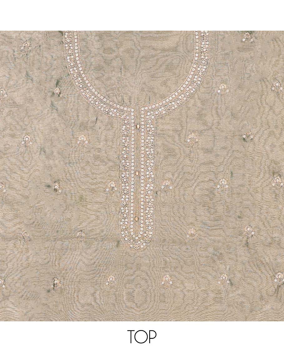 Green chudidhar material set, embroidered top, contrast plain bottom & zari buttas dupatta
