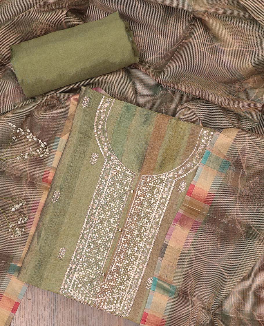 Green chudidhar material set, embroidered top, plain bottom & floral vine dupatta