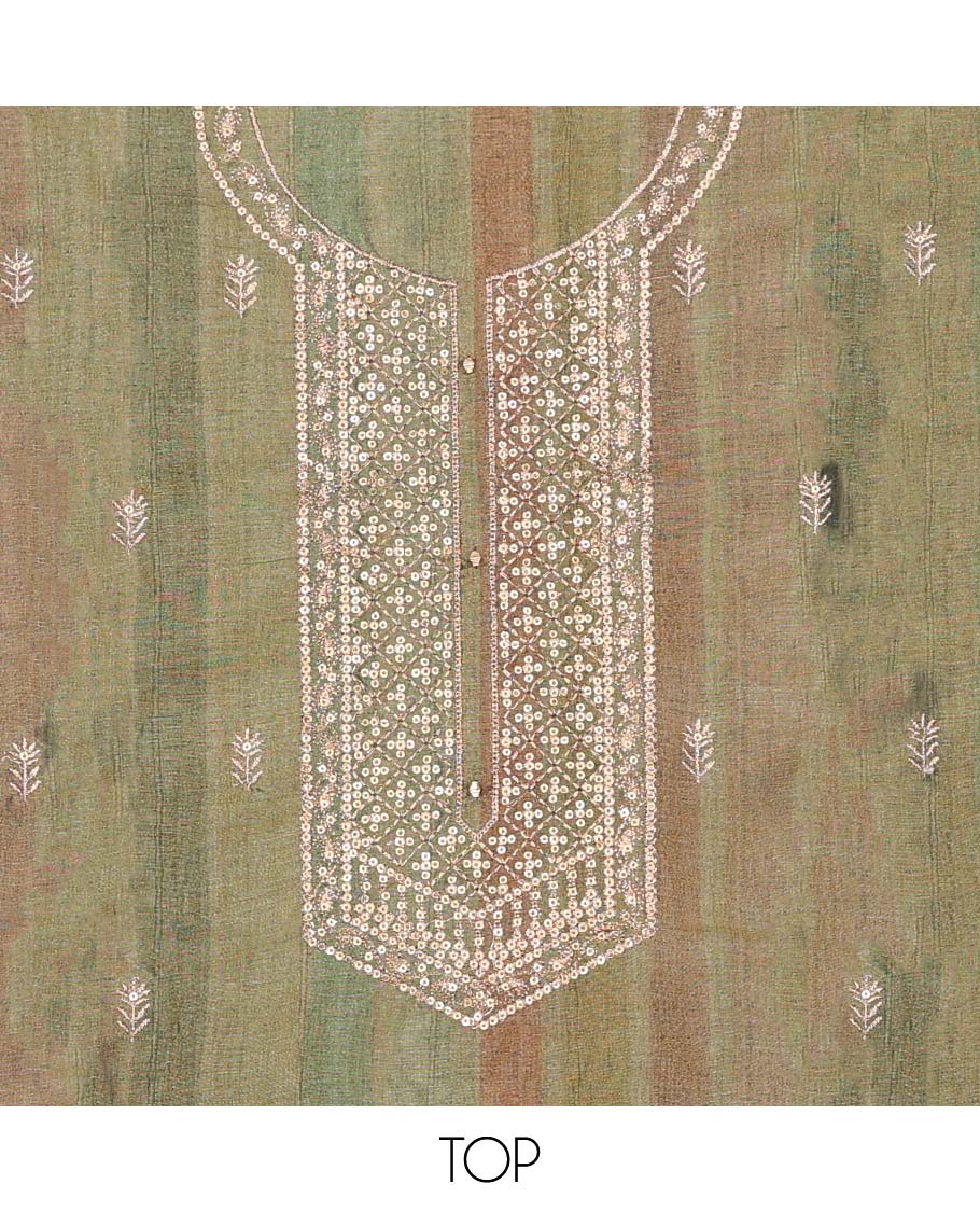 Green chudidhar material set, embroidered top, plain bottom & floral vine dupatta