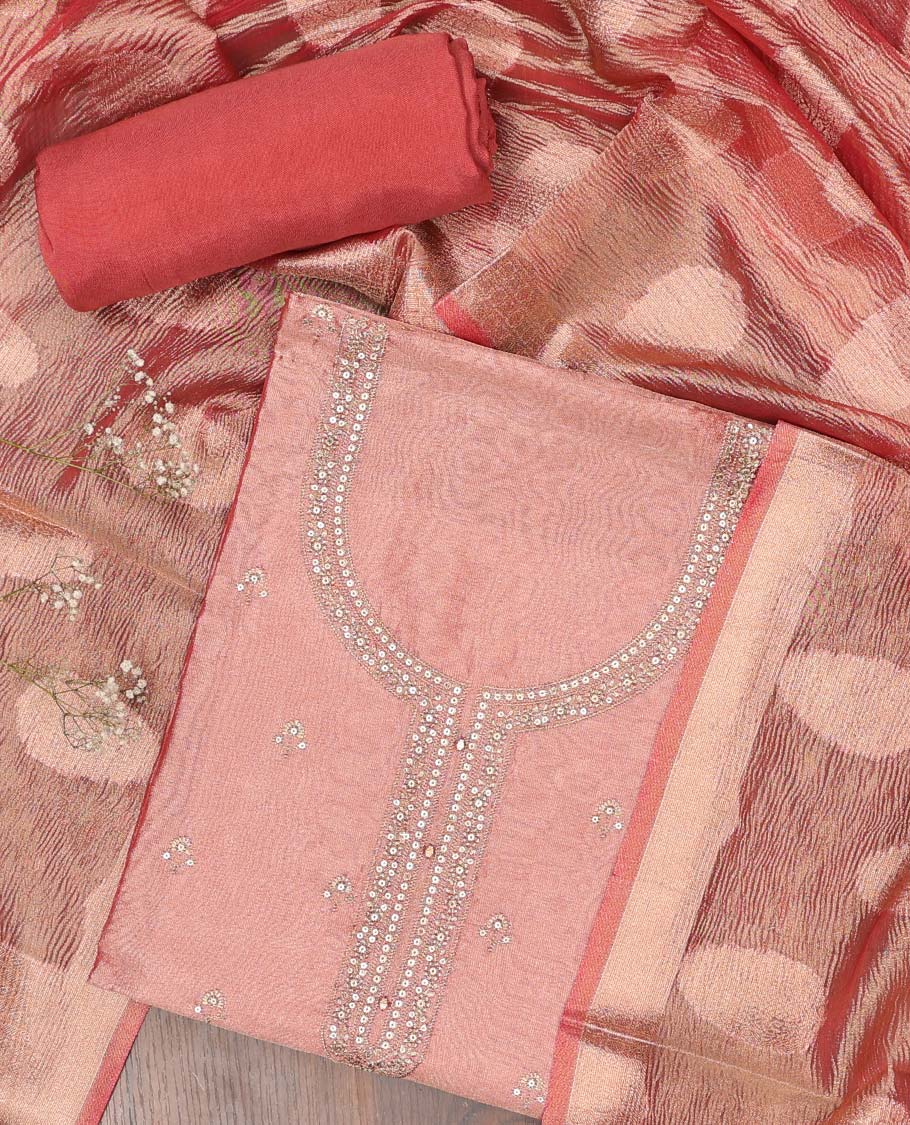 Pink chudidhar material set, embroidered top, contrast plain bottom & zari buttas dupatta