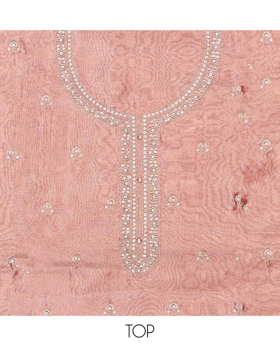 Pink chudidhar material set, embroidered top, contrast plain bottom & zari buttas dupatta