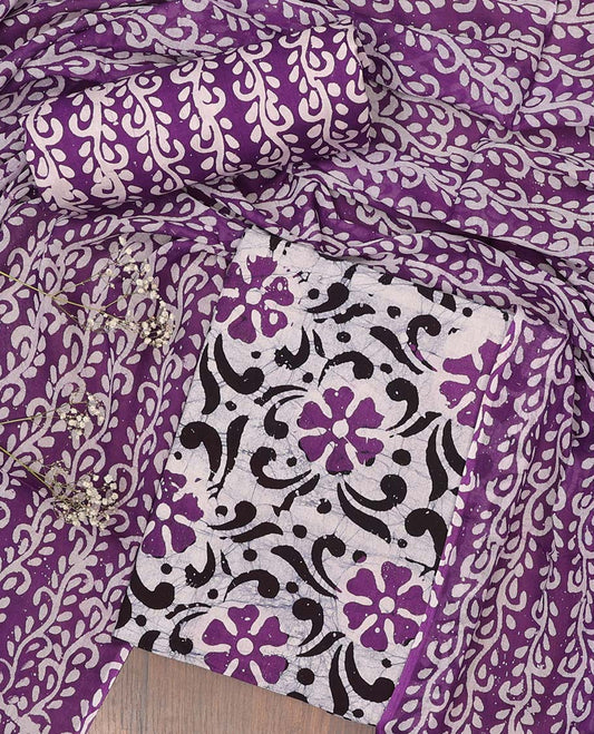 Cream chudidhar material set, batik-floral vine printed top, contrast bottom & dupatta of floral print