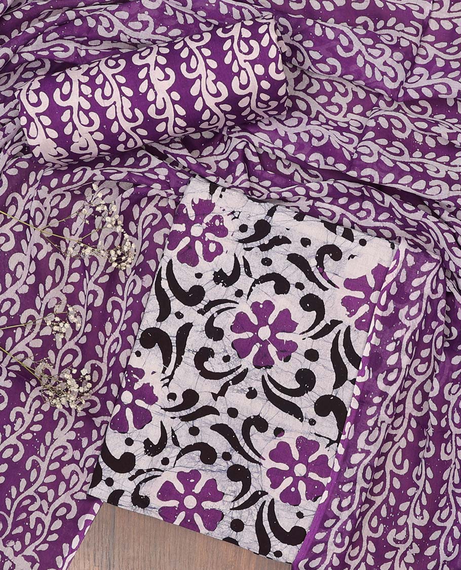 Cream chudidhar material set, batik-floral vine printed top, contrast bottom & dupatta of floral print