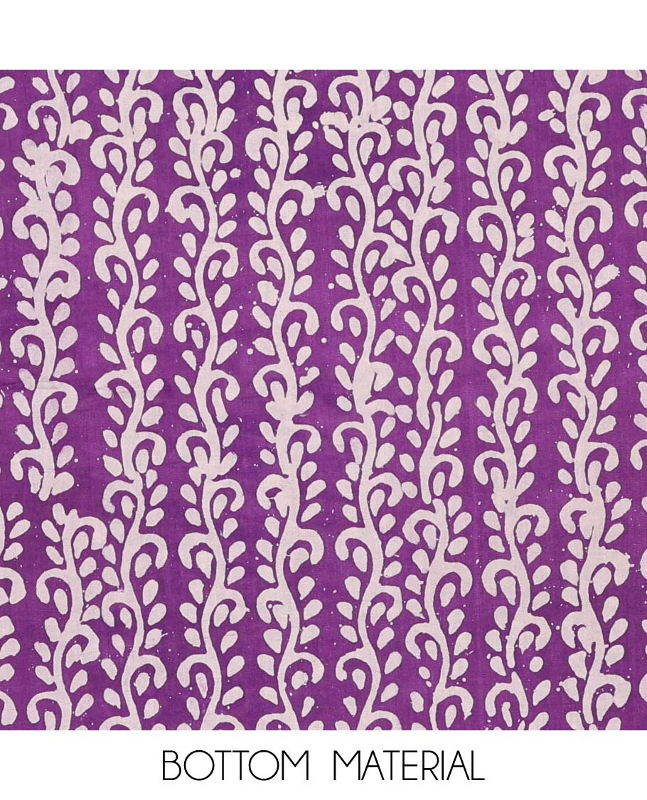 Cream chudidhar material set, batik-floral vine printed top, contrast bottom & dupatta of floral print