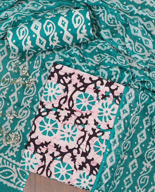 Multi-color chudidhar material set, batik-floral vine printed top, contrast bottom & dupatta of batik print