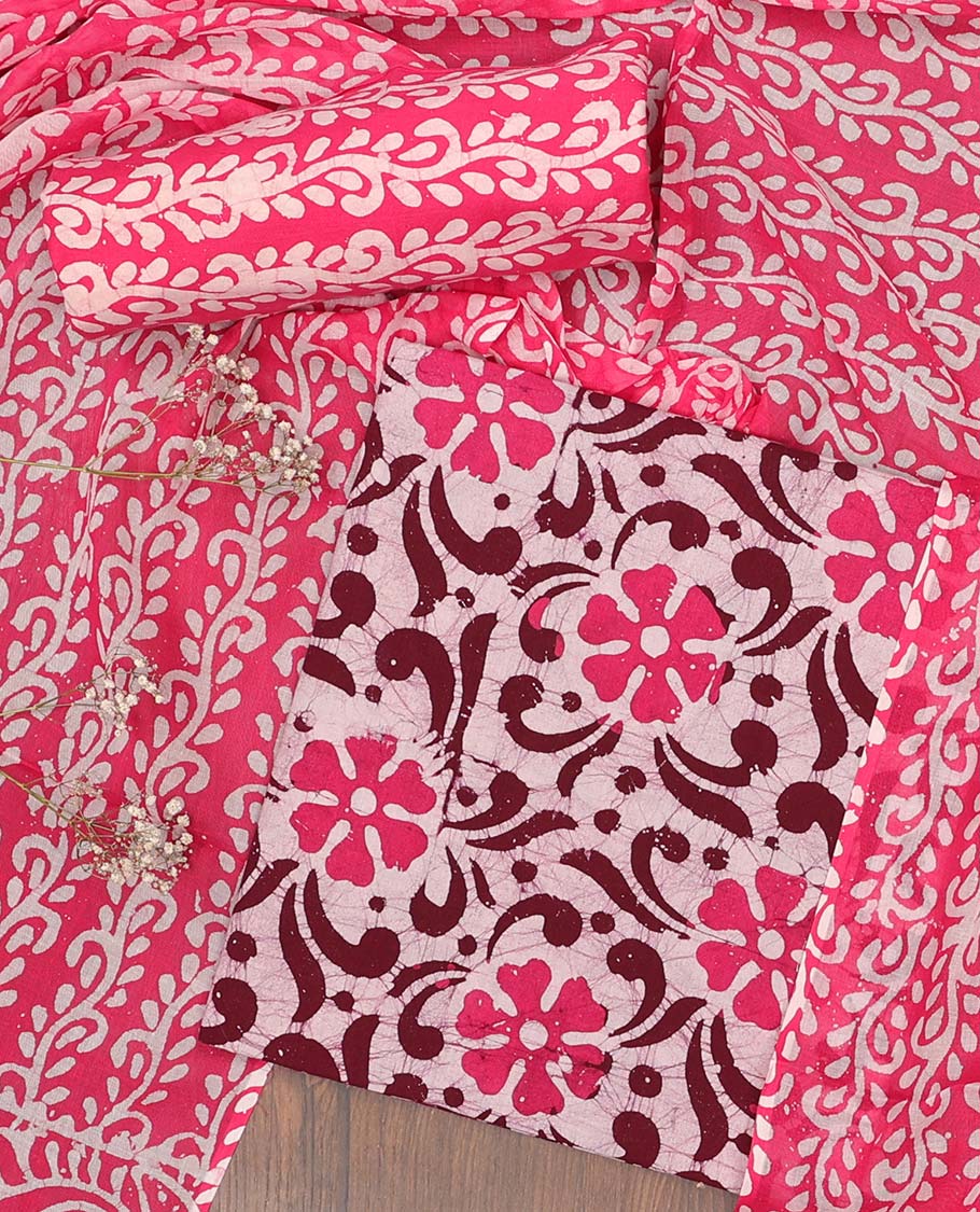 Multi-color chudidhar material set, batik-floral vine printed top, contrast bottom & dupatta of floral print