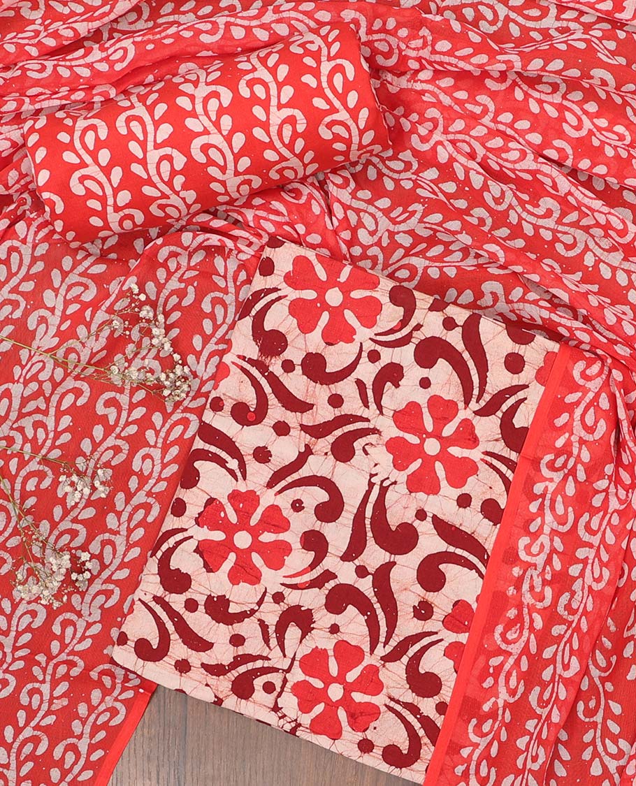Multi-color chudidhar material set, batik-floral vine printed top, contrast bottom & dupatta of floral print