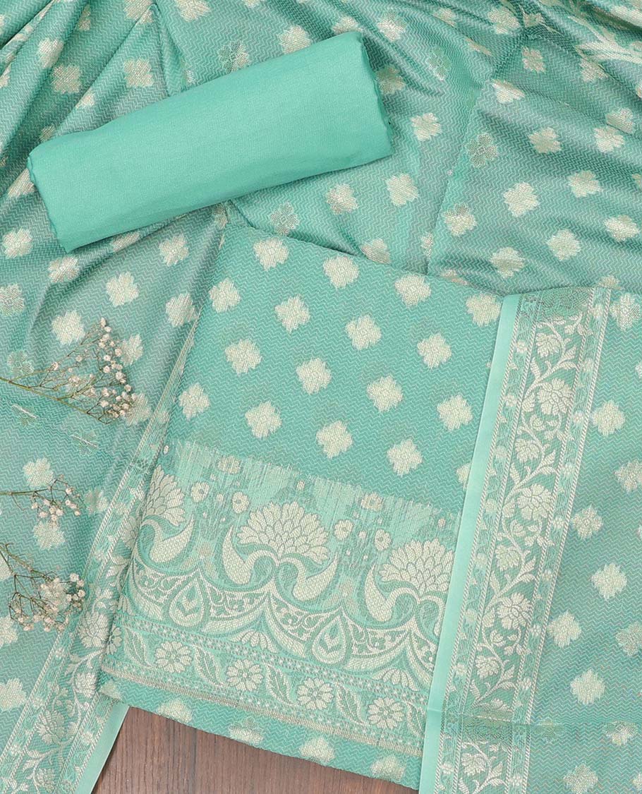 Blue chudidhar material set, unique buttas top, plain bottom & dupatta of chevron & buttas 