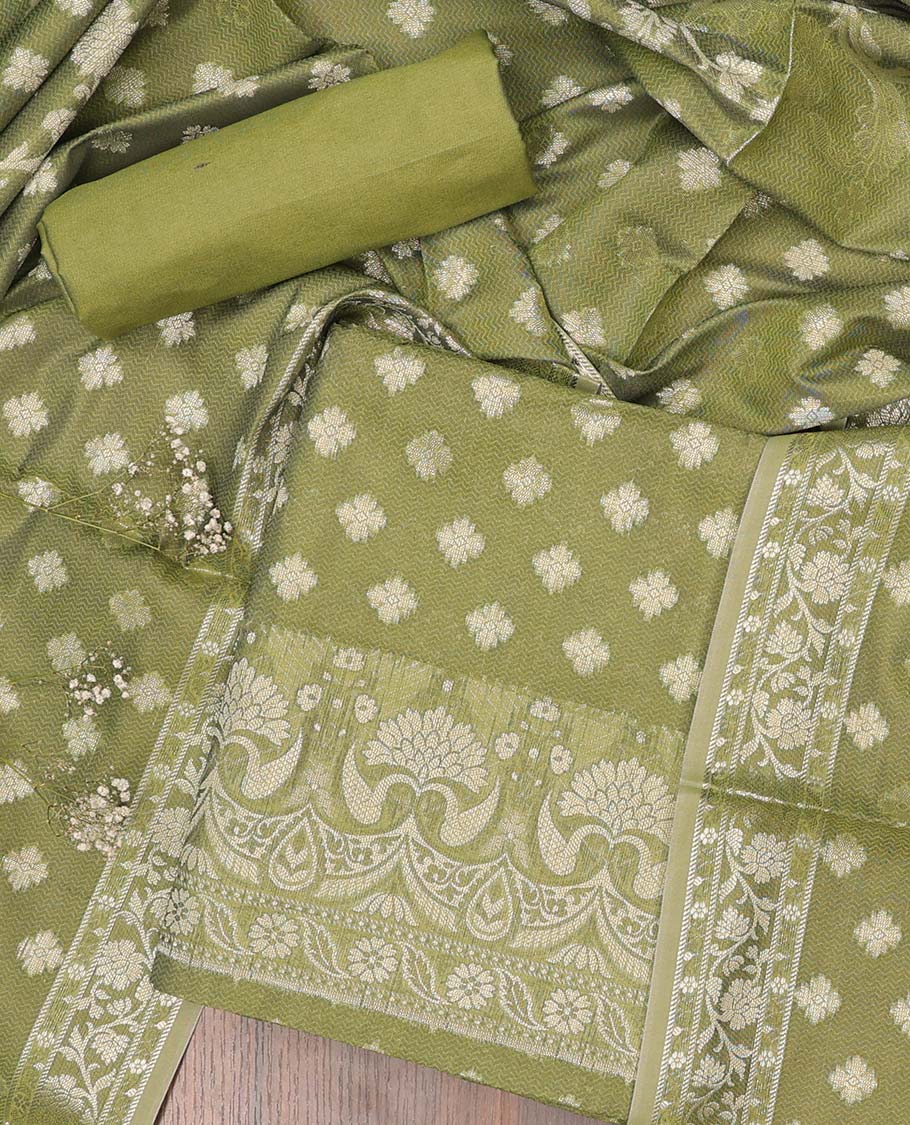 Green chudidhar material set, unique buttas top, plain bottom & dupatta of chevron & buttas 