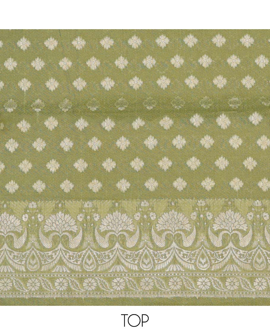 Green chudidhar material set, unique buttas top, plain bottom & dupatta of chevron & buttas 