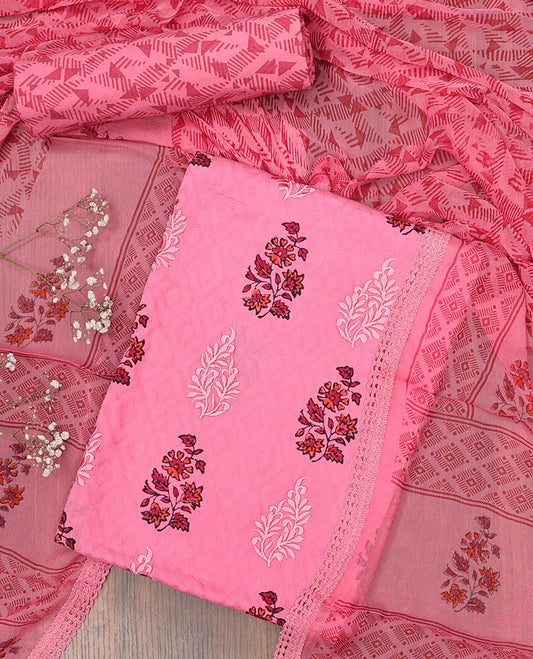 Pink chudidhar material set, floral printed top, geometric & floral printed bottom & dupatta