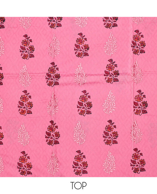 Pink chudidhar material set, floral printed top, geometric & floral printed bottom & dupatta