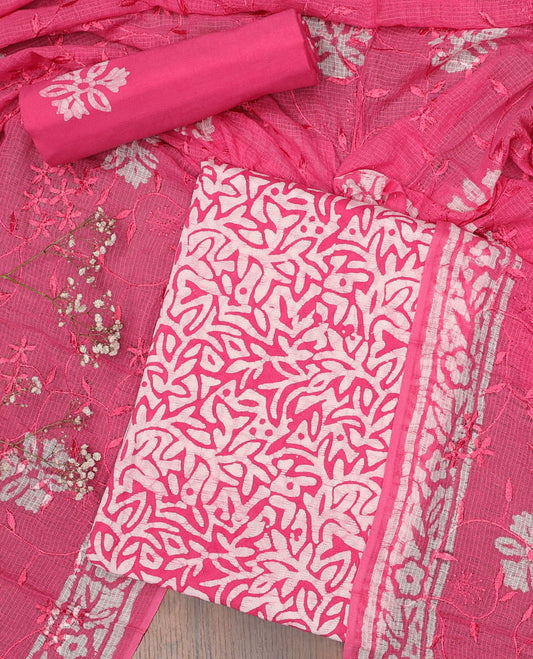 Pink chudidhar material set, batik-style floral printed top, batik printed bottom & dupatta of print & embroidery
