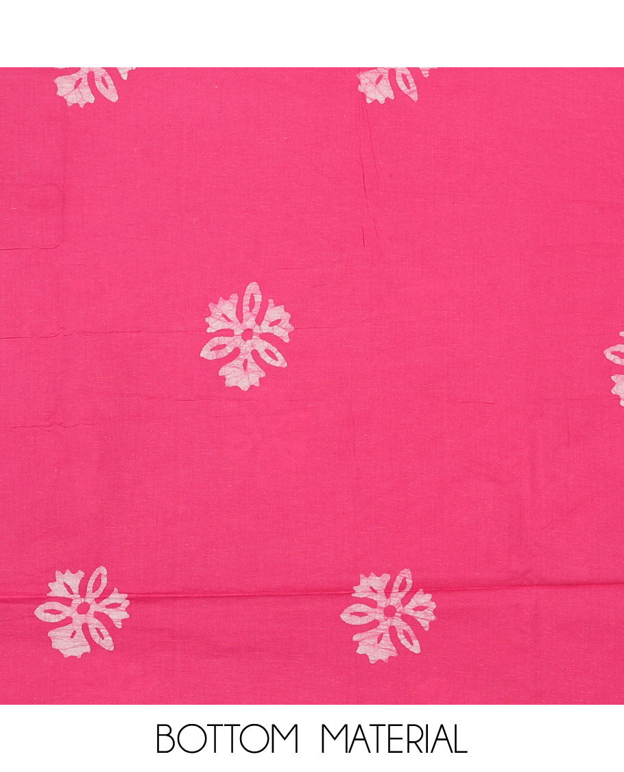 Pink chudidhar material set, batik-style floral printed top, batik printed bottom & dupatta of print & embroidery