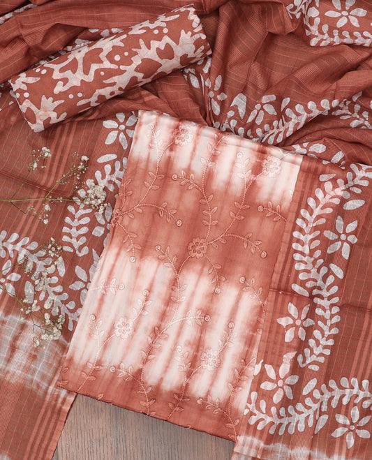 Brown chudidhar material set, abstract print & embroidered top, batik floral printed bottom & dupatta