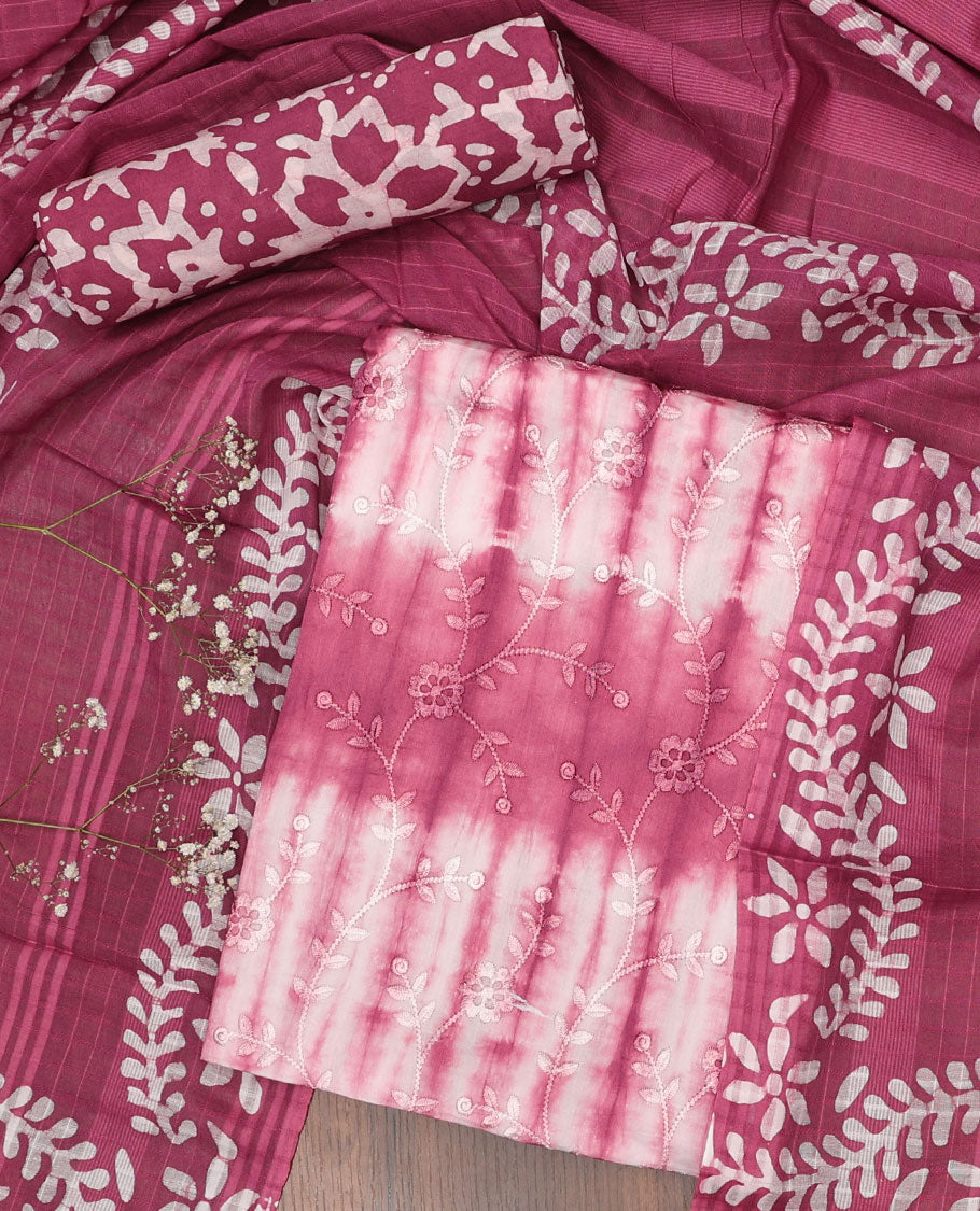 Pink chudidhar material set, abstract print & embroidered top, batik floral printed bottom & dupatta