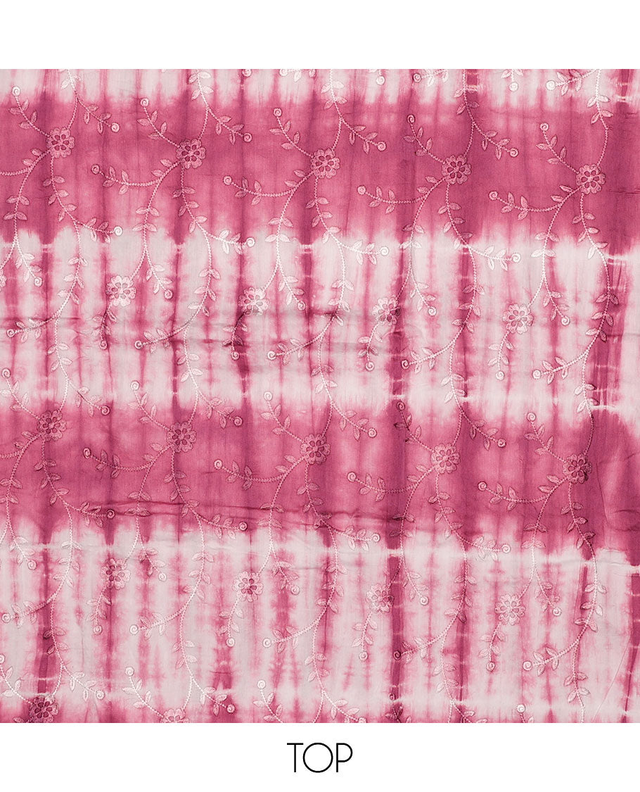 Pink chudidhar material set, abstract print & embroidered top, batik floral printed bottom & dupatta