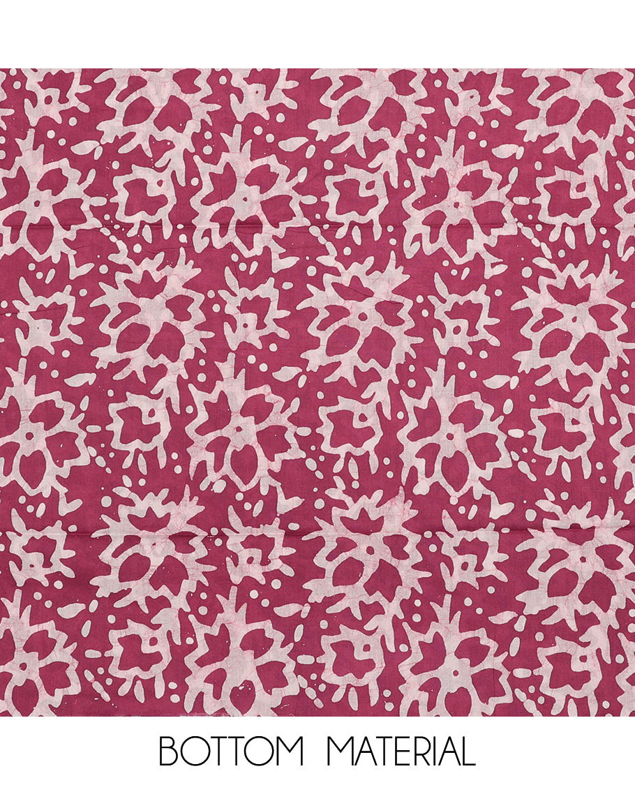 Pink chudidhar material set, abstract print & embroidered top, batik floral printed bottom & dupatta