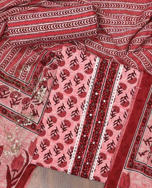 Pink chudidhar material set, floral motifs printed top, geometric printed bottom & intricate printed dupatta