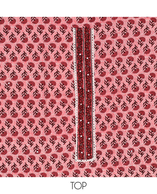 Pink chudidhar material set, floral motifs printed top, geometric printed bottom & intricate printed dupatta