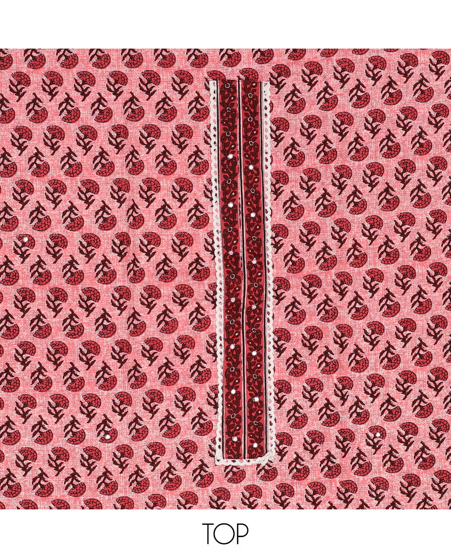 Pink chudidhar material set, floral motifs printed top, geometric printed bottom & intricate printed dupatta