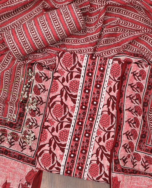 Pink chudidhar material set, floral motifs printed top, geometric printed bottom & intricate printed dupatta