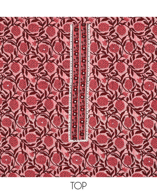 Pink chudidhar material set, floral motifs printed top, geometric printed bottom & intricate printed dupatta