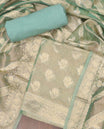 Green chudidhar material set, jacquard banaras top, plain bottom & paisley design dupatta