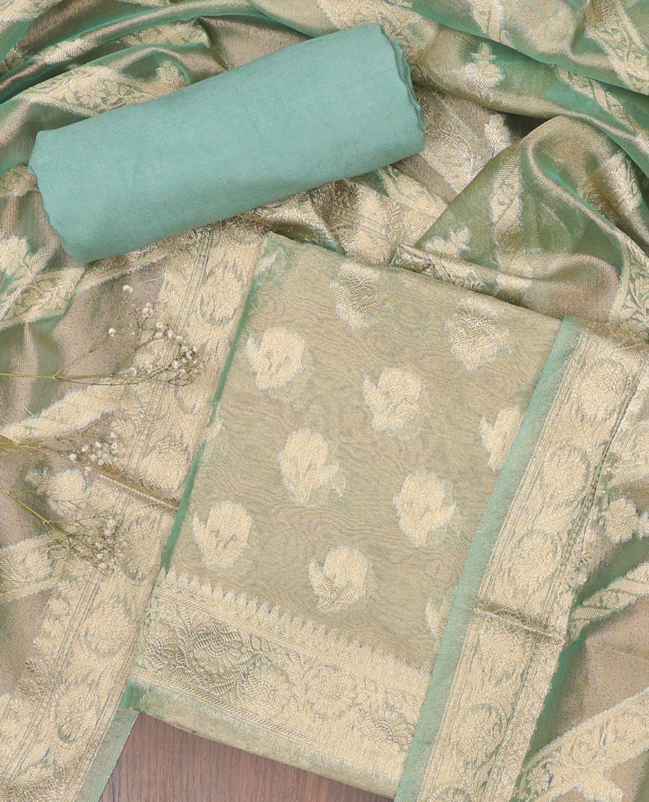 Green chudidhar material set, jacquard banaras top, plain bottom & paisley design dupatta