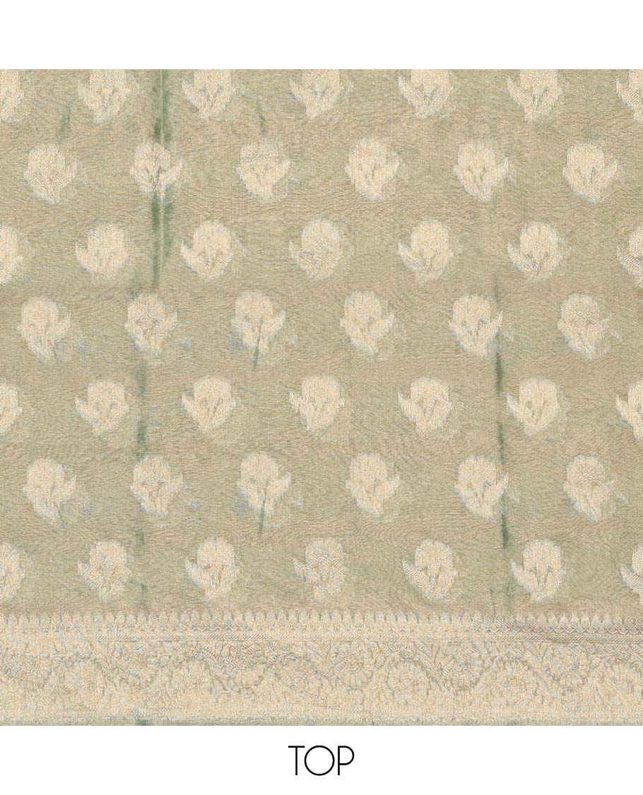 Green chudidhar material set, jacquard banaras top, plain bottom & paisley design dupatta