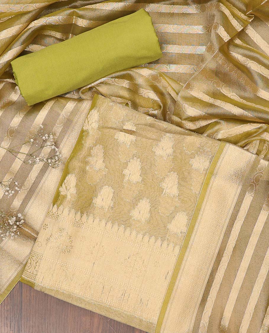 Green chudidhar material set, jacquard banaras top, plain bottom & paisley design dupatta