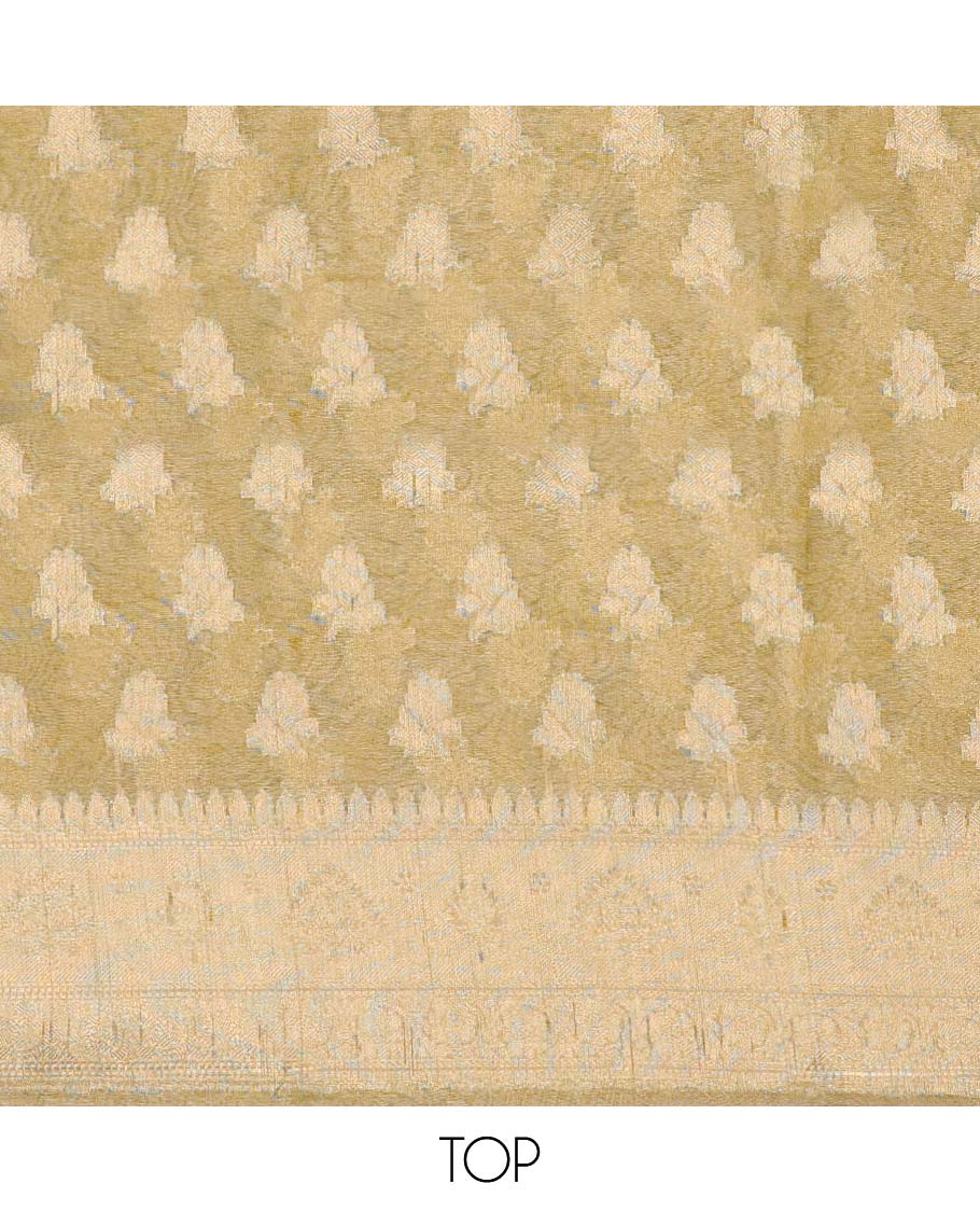 Green chudidhar material set, jacquard banaras top, plain bottom & paisley design dupatta