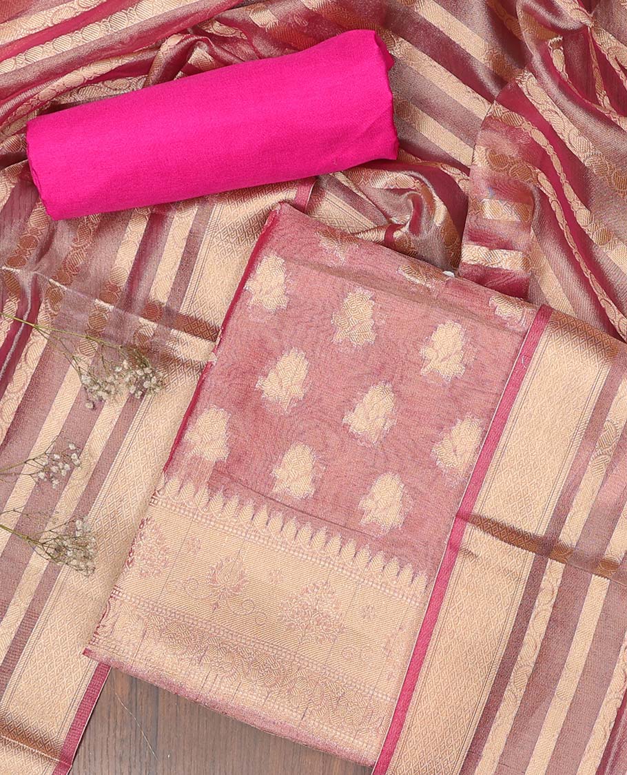 Pink chudidhar material set, jacquard banaras top, plain bottom & paisley design dupatta