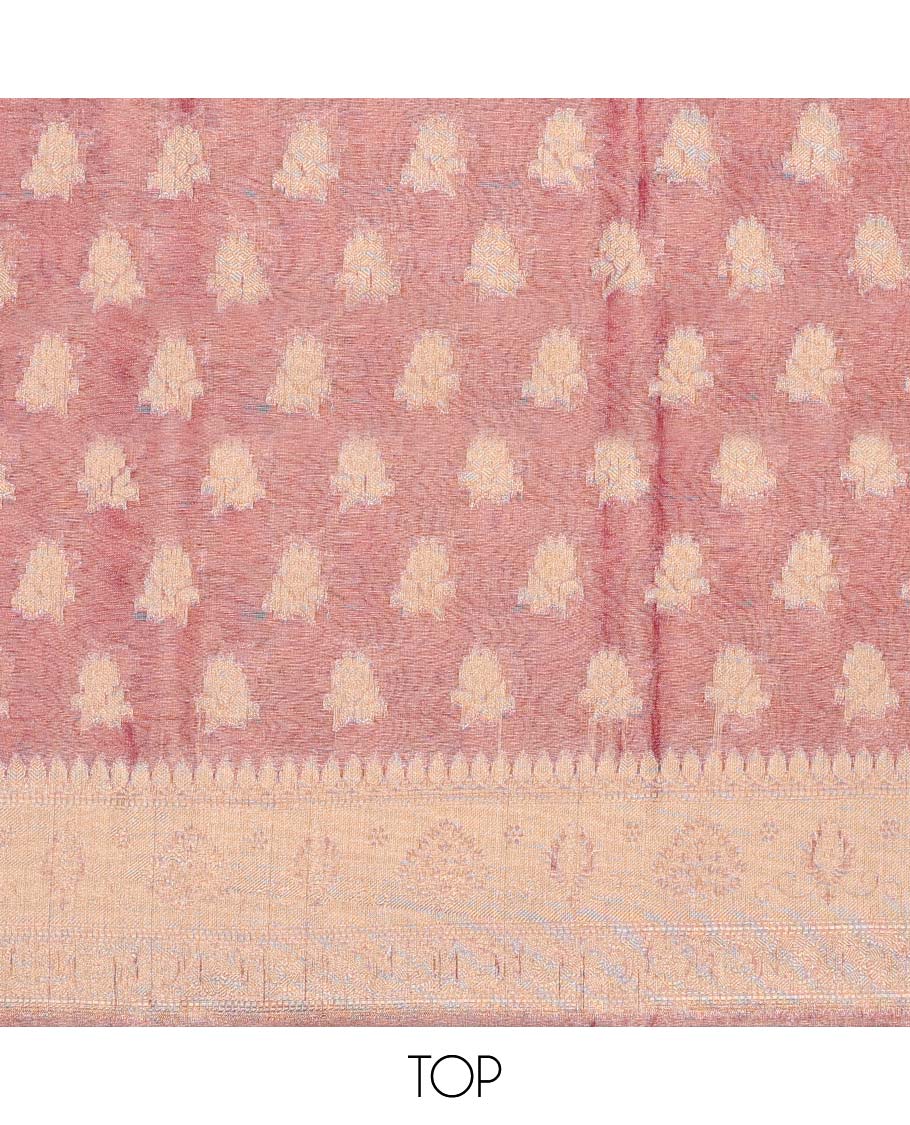 Pink chudidhar material set, jacquard banaras top, plain bottom & paisley design dupatta