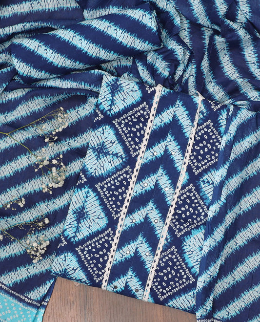 Blue chudidhar material set, shibori-printed top, shibori-printed bottom & shibori-printed dupatta