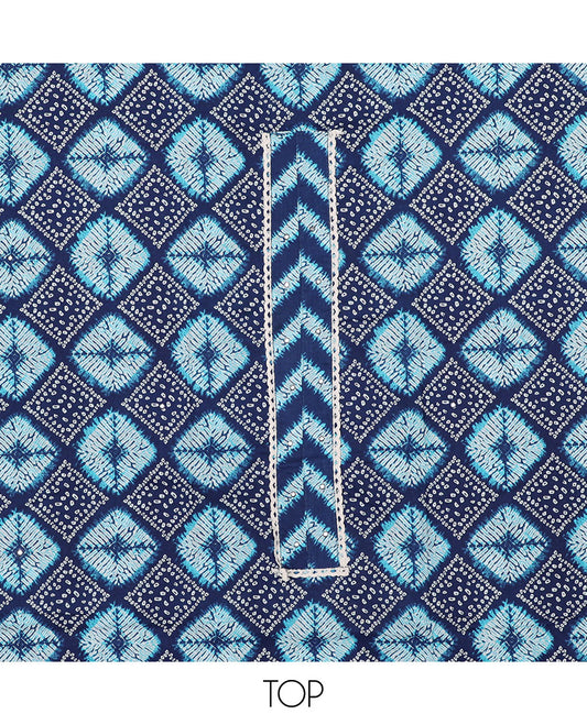 Blue chudidhar material set, shibori-printed top, shibori-printed bottom & shibori-printed dupatta