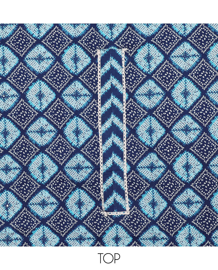 Blue chudidhar material set, shibori-printed top, shibori-printed bottom & shibori-printed dupatta