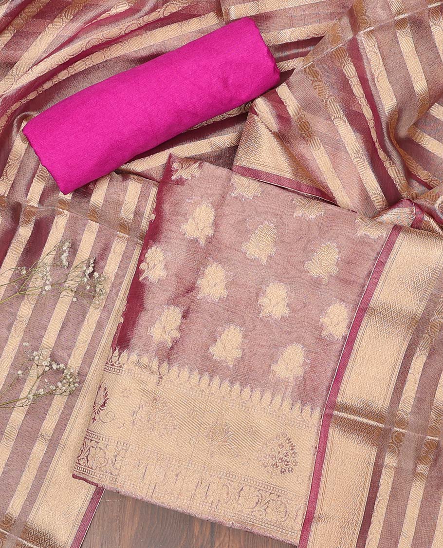 Pink chudidhar material set, jacquard banaras top, plain bottom & paisley design dupatta