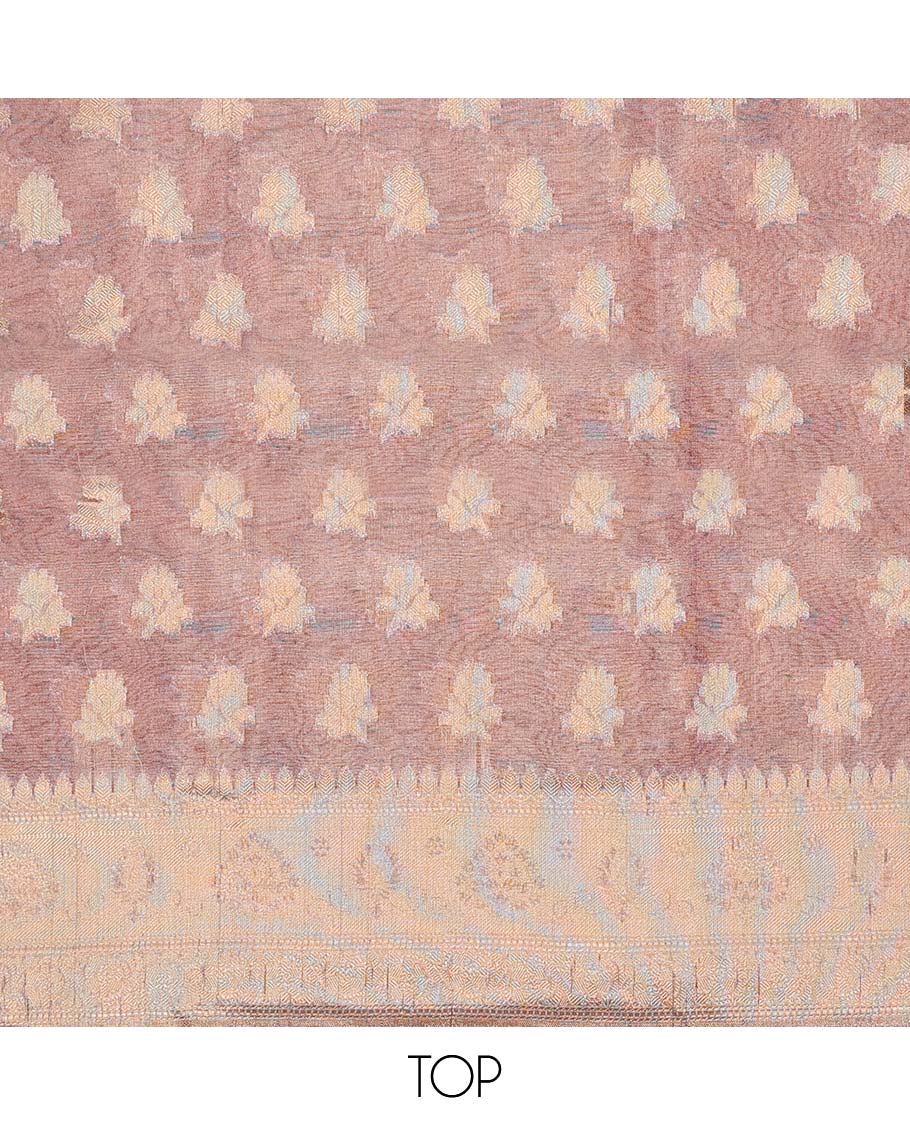 Pink chudidhar material set, jacquard banaras top, plain bottom & paisley design dupatta