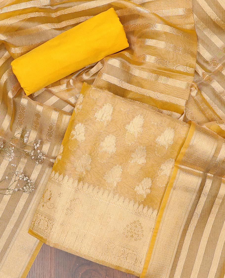 Yellow chudidhar material set, jacquard banaras top, plain bottom & paisley design dupatta